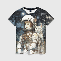 Футболка женская Девушка космонавт с белым котом, цвет: 3D-принт