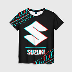 Футболка женская Значок Suzuki в стиле glitch на темном фоне, цвет: 3D-принт