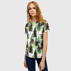 Футболка женская Хвойный лес - акварель в зеленых тонах, цвет: 3D-принт — фото 2