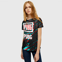 Футболка женская PUBG в стиле glitch и баги графики на темном фоне, цвет: 3D-принт — фото 2