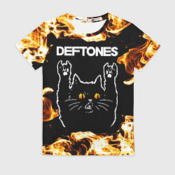 Футболка женская Deftones рок кот и огонь, цвет: 3D-принт