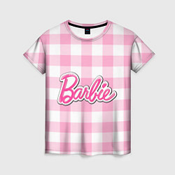 Футболка женская Барби лого розовая клетка, цвет: 3D-принт