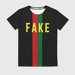 Женская футболка Fake зелёная и красная полосы