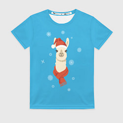 Женская футболка Милая лама в красной шляпе и шарфе