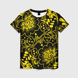 Футболка женская Хохломская роспись золотые цветы на чёроном фоне, цвет: 3D-принт