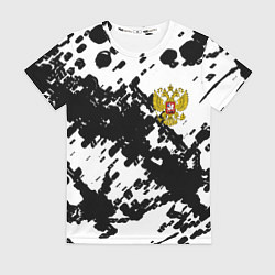 Женская футболка Герб РФ краски чёрнобелый