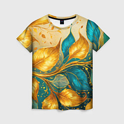 Футболка женская Листья абстрактные золото и бирюза, цвет: 3D-принт