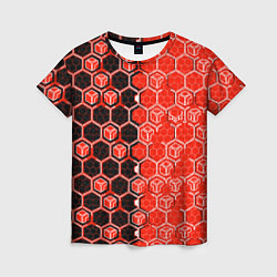 Футболка женская Техно-киберпанк шестиугольники красный и чёрный, цвет: 3D-принт