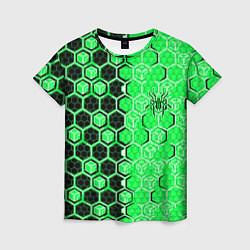 Футболка женская Техно-киберпанк шестиугольники зелёный и чёрный с, цвет: 3D-принт