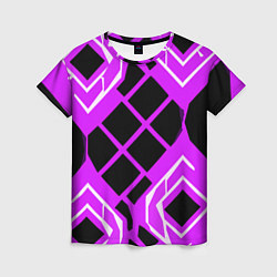 Футболка женская Чёрные квадраты и белые полосы на фиолетовом фоне, цвет: 3D-принт