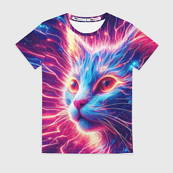 Женская футболка Неоновая мордочка котёнка - нейроарт элетро кот