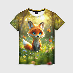 Женская футболка Рыжая лисичка и бабочки