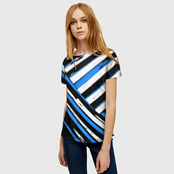 Футболка женская Бело-синие диагональные полосы на чёрном фоне, цвет: 3D-принт — фото 2
