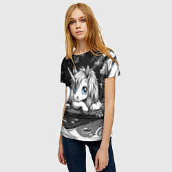 Футболка женская Белый единорог с голубыми глазами, цвет: 3D-принт — фото 2