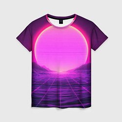 Женская футболка Синтвейв ретровейв неоновый узор и солнце