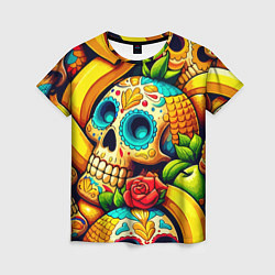 Футболка женская Colorfull skulls and bananas - pop art pattern, цвет: 3D-принт