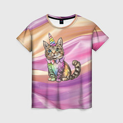 Футболка женская Котенок в костюме единорога, цвет: 3D-принт