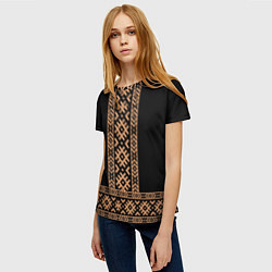 Футболка женская Славянский золотой узор на черном - вышиванка руба, цвет: 3D-принт — фото 2