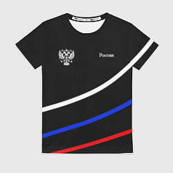 Женская футболка Герб с полосами бело-сине-красными на чёрном