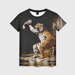 Женская футболка Тигр сидит на золотом унитазе сердится