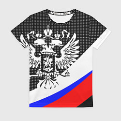Женская футболка Герб России и государственный флаг на чёрном фоне