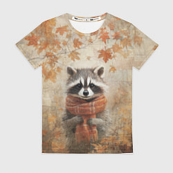 Футболка женская Осенней енот в шарфе, цвет: 3D-принт