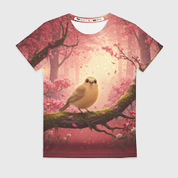 Футболка женская Желтая птица в розовом цветущем лесу, цвет: 3D-принт