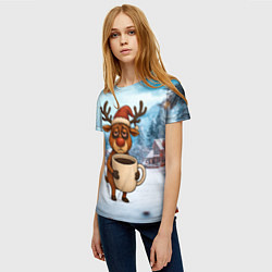 Футболка женская Уставший новогодний олень с кофе, цвет: 3D-принт — фото 2