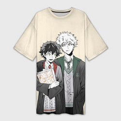 Футболка женская длинная Изуку и Кацуки косплеют Хогвартс, цвет: 3D-принт