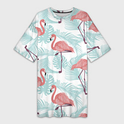 Женская длинная футболка Узор фламинго и тропических растений
