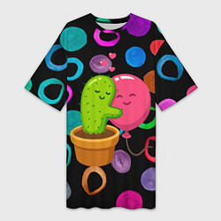 Женская длинная футболка Влюбленные кактус и шарик