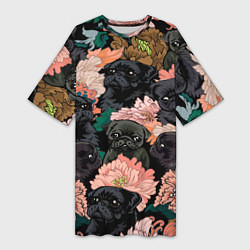 Женская длинная футболка Мопсы и Цветы