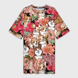 Женская длинная футболка Корги & Цветы