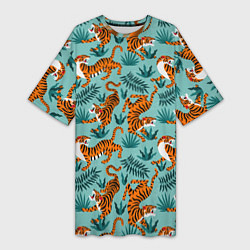 Женская длинная футболка Рычащие Тигры Паттерн