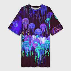 Футболка женская длинная Неоновые медузы, цвет: 3D-принт