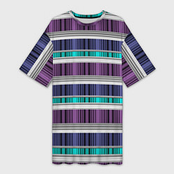 Футболка женская длинная Бирюзово-сиреневый полосатый, цвет: 3D-принт