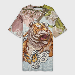 Женская длинная футболка Тигр в облаках