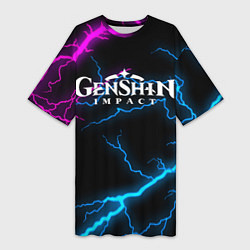 Футболка женская длинная GENSHIN IMPACT NEON FLASH НЕОНОВЫЕ РАЗРЯДЫ МОЛНИЙ, цвет: 3D-принт