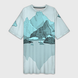 Женская длинная футболка Голубой горный пейзаж с темно-серыми тенями