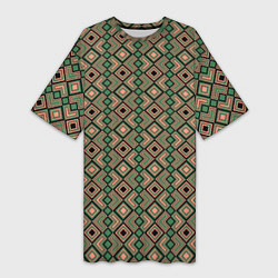 Женская длинная футболка Абстракция из черных, зеленых и бежевых квадратов