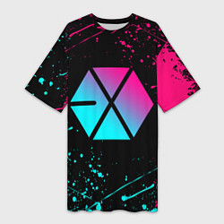 Футболка женская длинная EXO BAND NEON LOGO НЕОНОВЫЕ БРЫЗГИ КРАСОК, цвет: 3D-принт