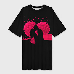 Женская длинная футболка Силуэты Влюбленных Сердце из Роз и Любовь