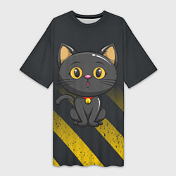 Женская длинная футболка Черный кот желтые полосы
