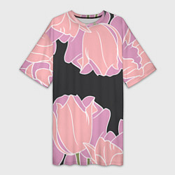 Женская длинная футболка Розовые цветы-кристаллы