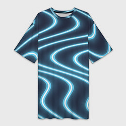 Женская длинная футболка Неоновый свет Волны голубые на темном фоне