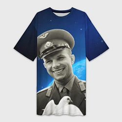Футболка женская длинная Юрий Гагарин с голубем 3D, цвет: 3D-принт