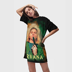 Футболка женская длинная Nirvana - Kurt Cobain with a gun, цвет: 3D-принт — фото 2