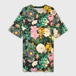 Женская длинная футболка Паттерн из летних цветов Summer Flowers Pattern