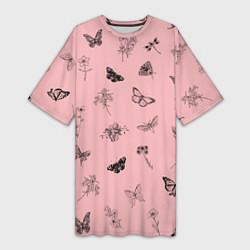 Женская длинная футболка Цветочки и бабочки на розовом фоне