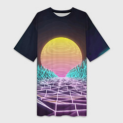 Женская длинная футболка Vaporwave Закат солнца в горах Neon